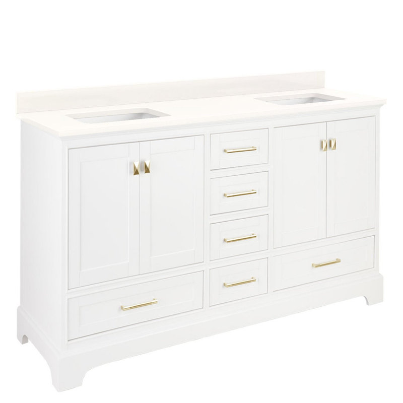Quen 72" Freestanding Double Basin Vanity Set with Cabinet, Vanity Tops, Soft White, Arctic White Quartz, No Faucet Holes