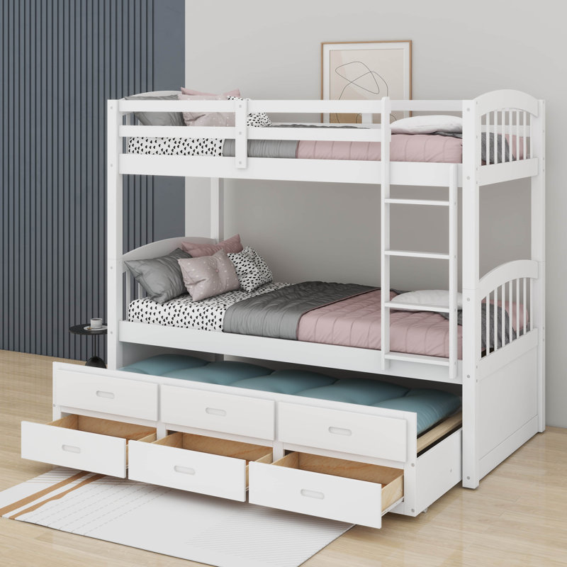 Lit superposé simple au-dessus d'un lit simple en bois avec tiroirs et lit gigogne, Blanc