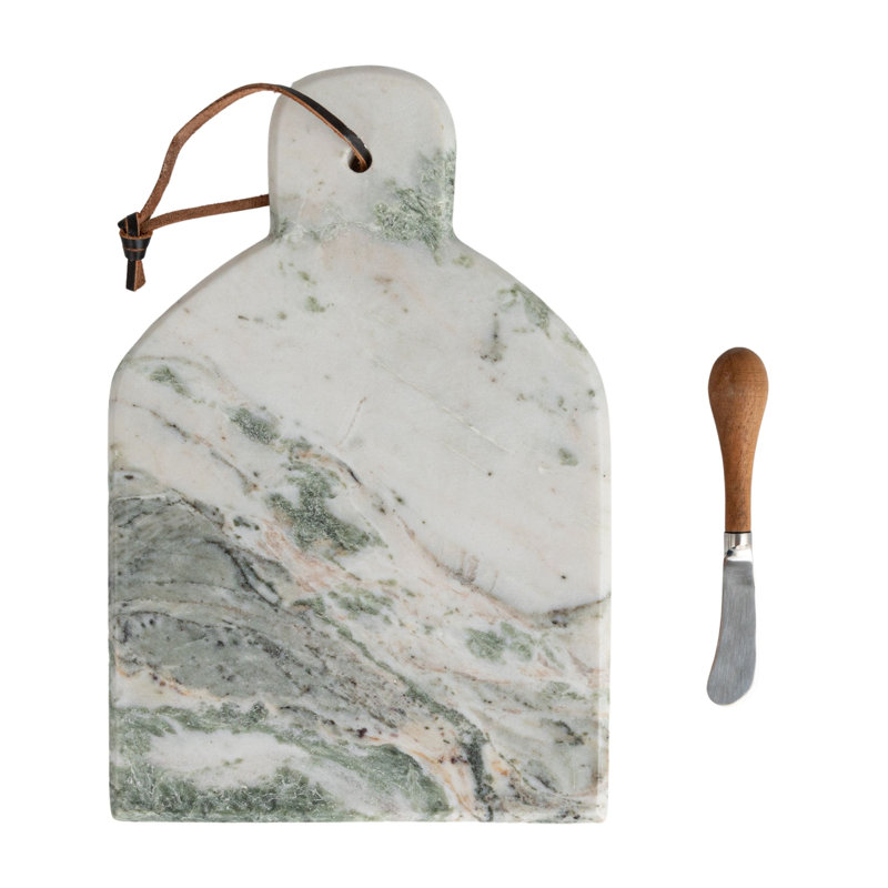 12" Green Marble and Mango Wood Cutting Board with Knife