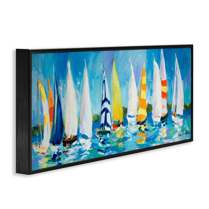 Regatta, voilier, flotte, encadré noir, estampe numérique par Jane Slivka, H 10 po x l 24 po x P 1,5 po
