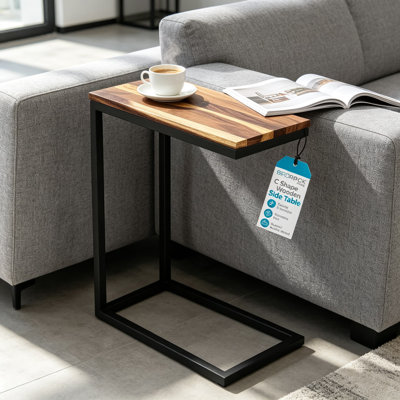 Table de bout en forme de C avec plateau en bois d'acacia massif et structure en métal, table d'appoint étroite pour petits espaces, table de collation industrielle pour canapé, salon, chambre à coucher ou appartement