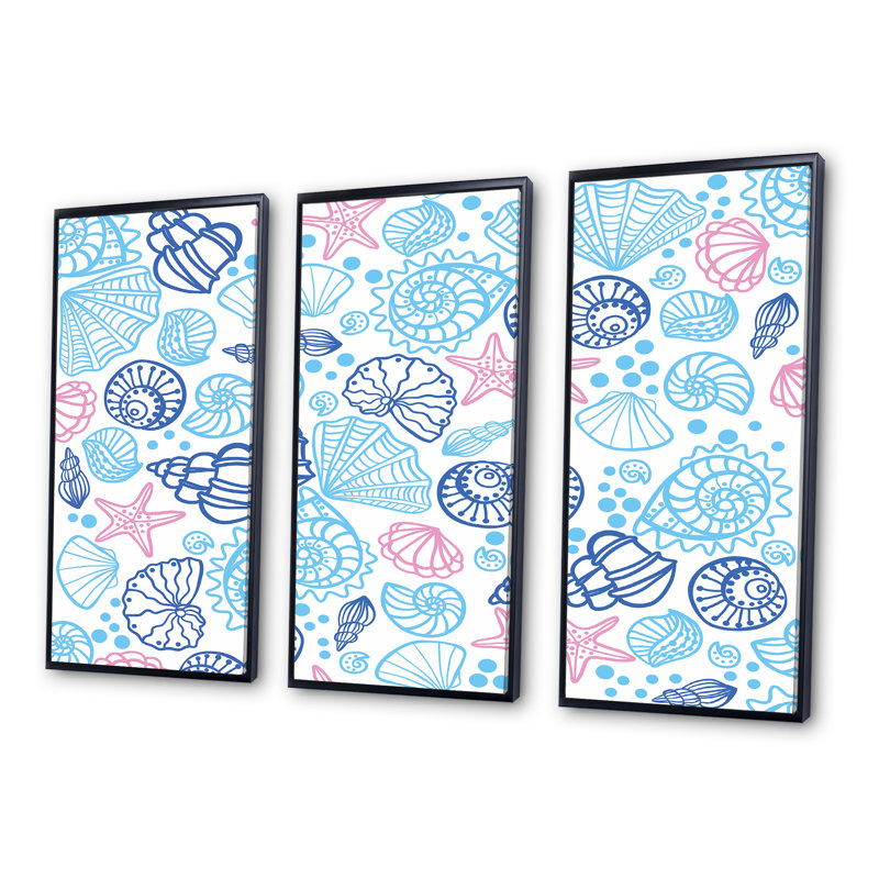 " Red Sea Stars With Blue Seashells " 3 - Pieces, Black, 28" H x 36" W x 1" D