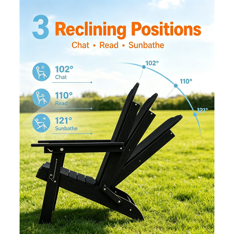  Weather Resistant Folding Plastic Adirondack Chair with Cup Holder & Adjustable Back for Adults, Black
