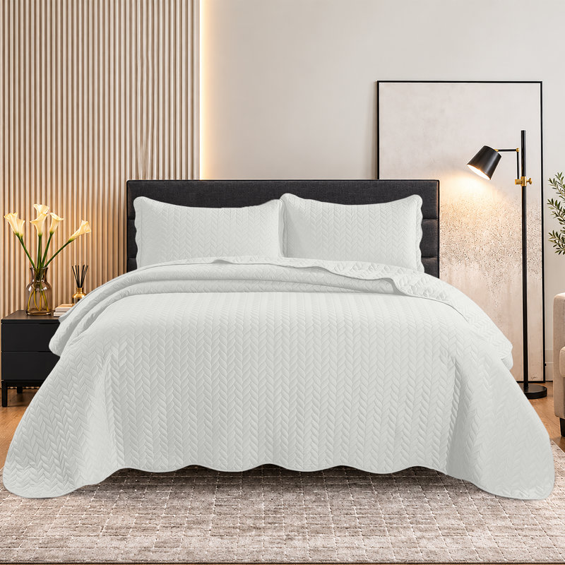 Ensemble de couvre-lit en microfibre embossée - Ensemble de literie moderne et léger avec taies décoratives, Blanc