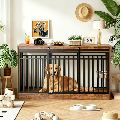 Meuble pour cage de 55 po, cage pour chien en métal et bois robuste avec porte coulissante, comprend 2 bols à nourriture intégrés et un plateau de table en bois, finition brune rétro pour les moyennes et grandes races.
