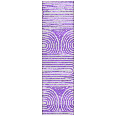 8' Runner Purple and White Abstract Washable Non Skid Indoor Outdoor Runner Rug
