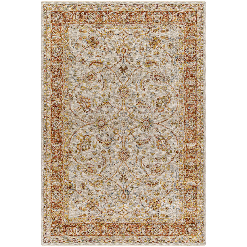 Tapis oriental en polyester tissé à la machine en rouille / beige, Rectangle 6 pi 7 po x 9 pi 6 po