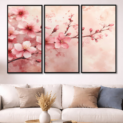 Soft Sakura Cherry Blossom Bloom II – Ivory Floral 3 Piece Wall Decor