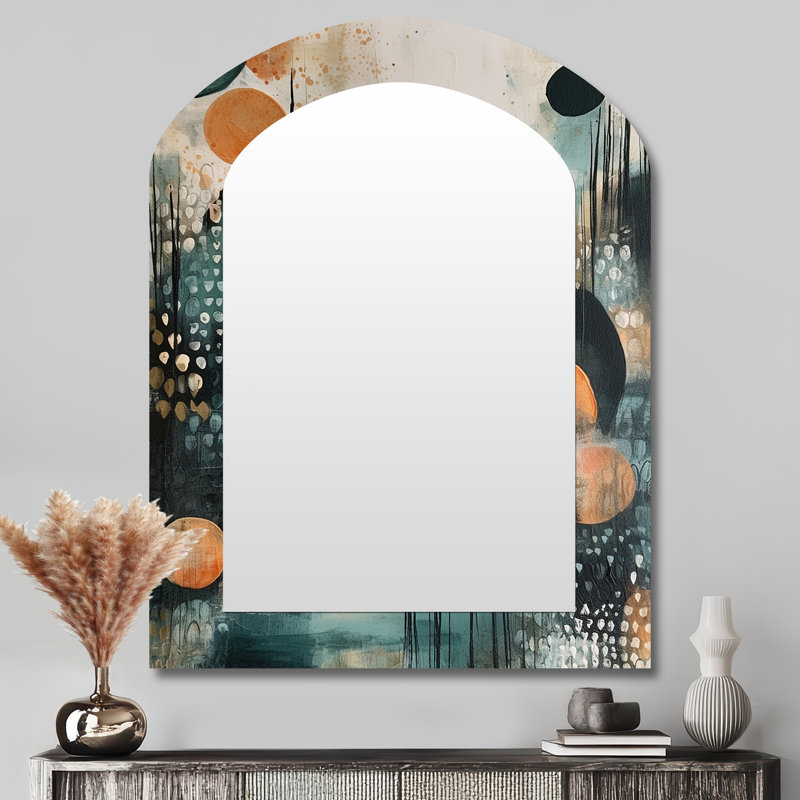 Green And Brown Artistic Liberation III - Boho Feather Asymmetrical Mirror, Green Arch Unique Wall Mirror, Printed Metal Art