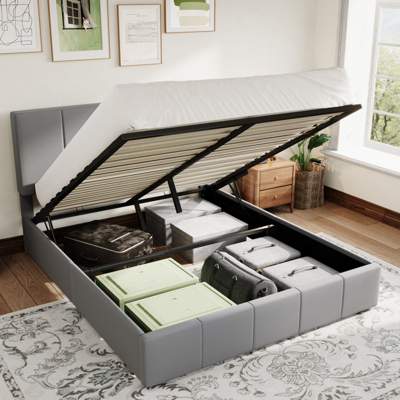 Hydraulic Lift Up Upholstered Platform Bed with Adjustable Headboard, Misty Gray, Queen