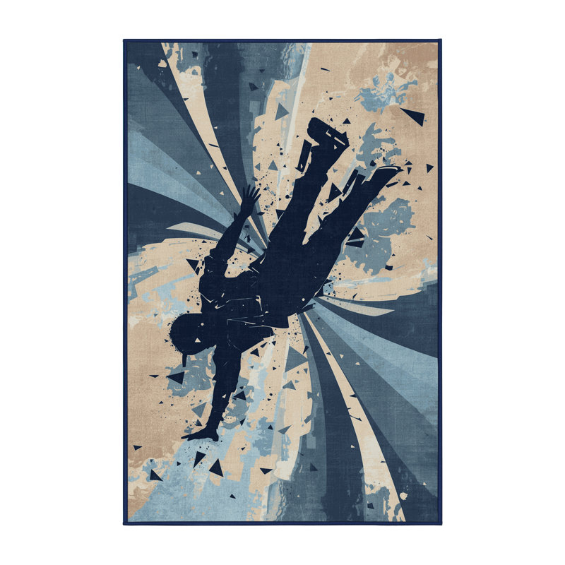 Soft Plush Mondale Breakdancer Eclectic Abstract Area Rug in Beige – Navy Binding, 8x12