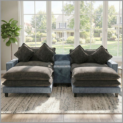 111" Sectional Sofa Chenille Upholstered Sofa with Two Removable Ottoman, Two USB Ports, Two Cup Holders and Large Storage Box for Living Room, Light Blue&Grey