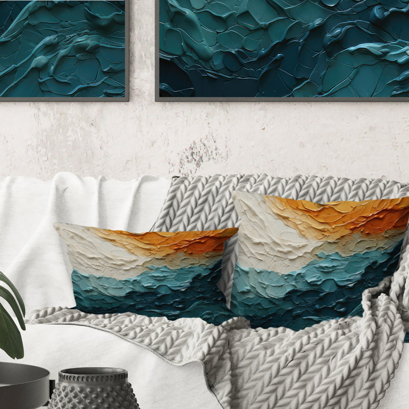 Teal Orange Ocean Coastal Essence Collage - Modern Printed Throw Pillow, 16"H x 16"W, Carré