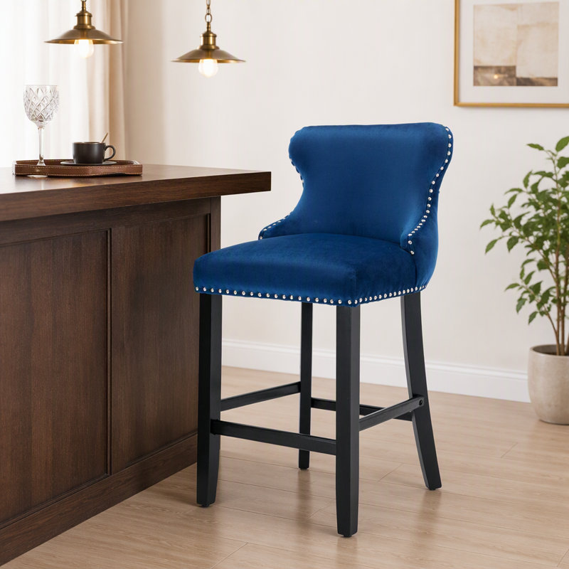 Upholstered Counter Stool with Solid Wood Frame, Blue