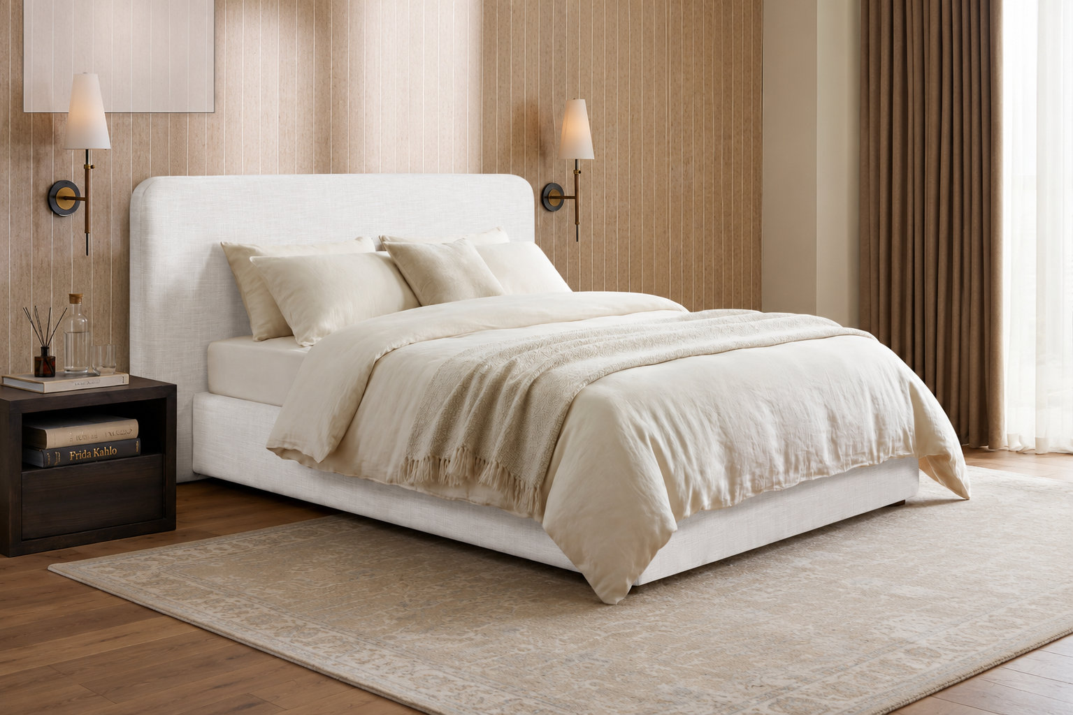 Boucle Upholstered Bed, King, White Linen