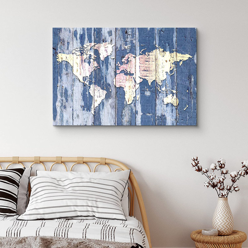 Carte du monde sur des panneaux de bois bleu délavé - impression sur toile tendue, H 24 po x l 36 po x P 1,5 po