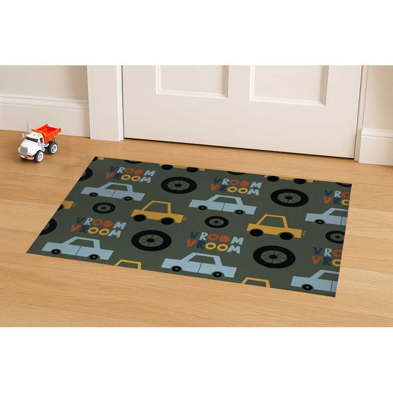 Vroom vroom Colorized Indoor Doormat, 48" W x 72" L, Chimichurri/Gold/Orange