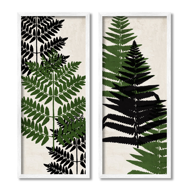 «Bold Layered Fern Leaves Modern Botanical Sprig» par Kim Allen - ensemble de 2 impressions sur toile flottante, Blanc