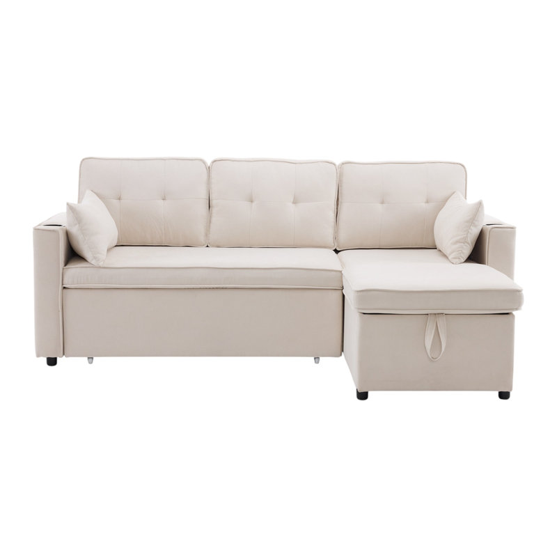 3-In-1 Convertible Sofa Bed With Cup Holders, Pillows And Storage Pocket Pullout Sectional Daybed, Beige