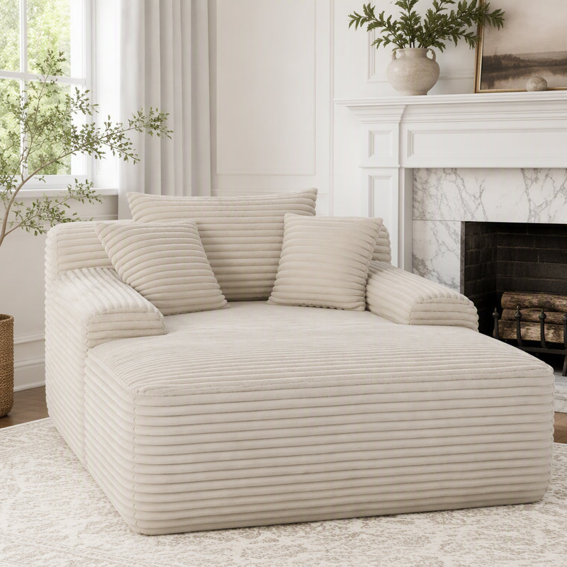 Chaise longue convertible sans assemblage avec accoudoirs larges, coussins et velours côtelé moelleux, Tissu blanc