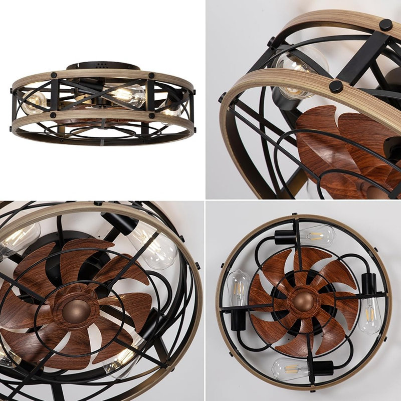 Farmhouse Flush Mount Caged Ceiling Fans With Lights, 6 Speeds, ..., Bronze/Brown