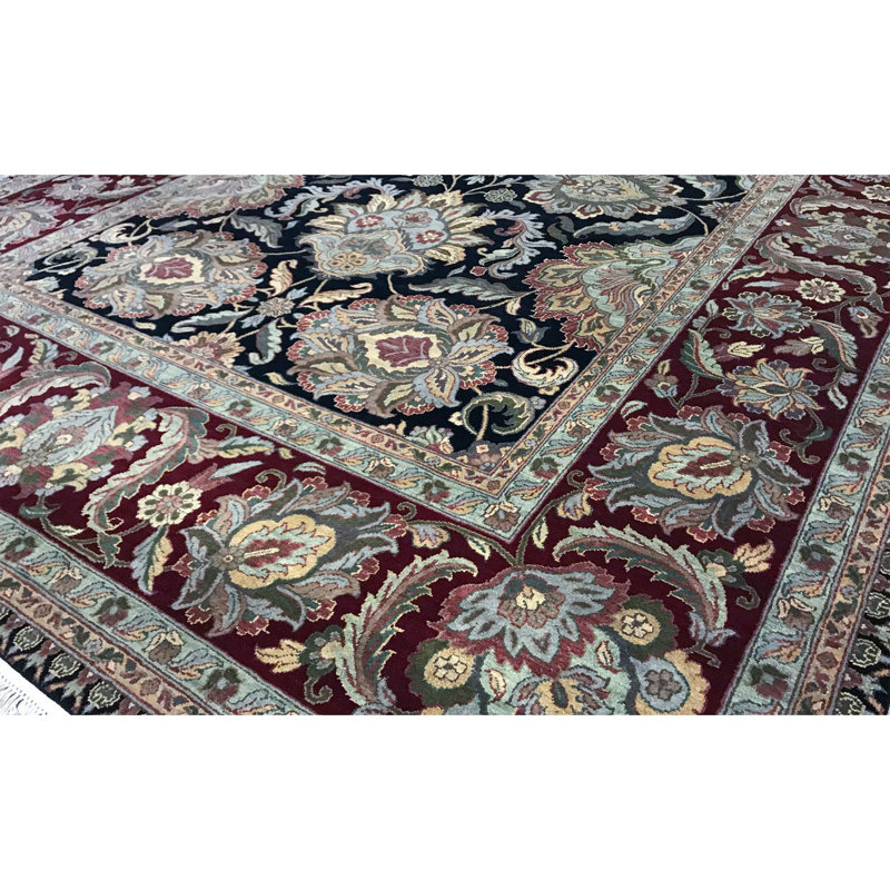 Tapis oriental noir / rouge en laine noué à la main 9 pi x 12 pi 7 po Crown, Rectangle 6 pi 1 po x 9 pi