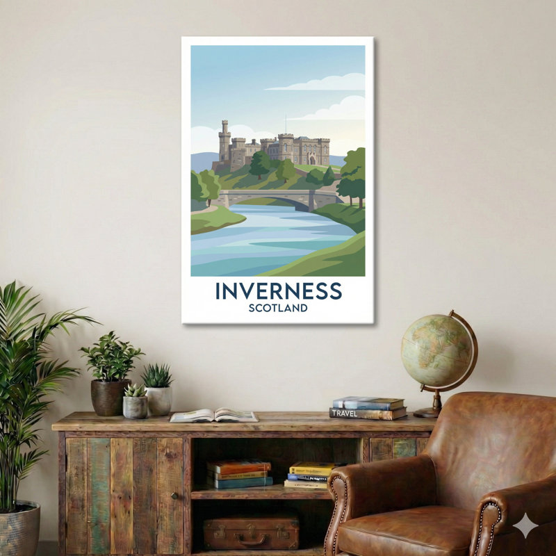 Inverness, Scotland - Romantic Highlands Travel Poster: Castle Over The River Ness. Giclee Print On Wrapped Canvas. Wall Art, Home Decor - Cities & Towns, Scotland - Wrapped Canvas Print