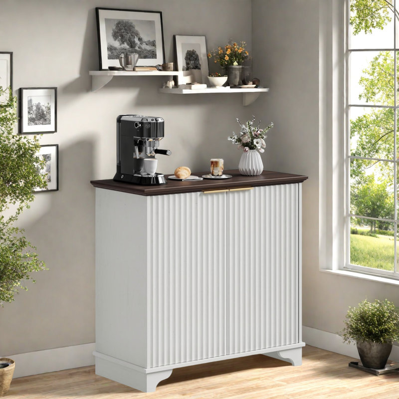 Armoire à café, armoire de rangement avec portes cannelées et tablettes réglables, Blanc / Brun
