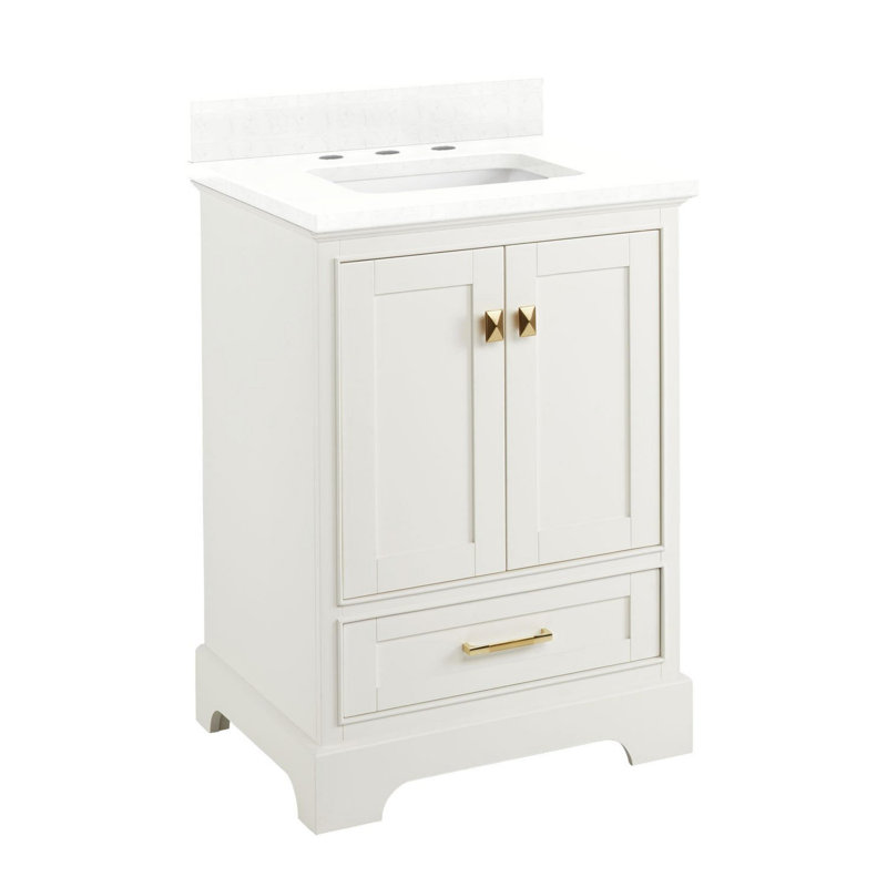 Quen 24" Freestanding Single Basin Vanity Set with Cabinet, Vanity Top, 8" Widespread, Soft White, Feathered White Quartz