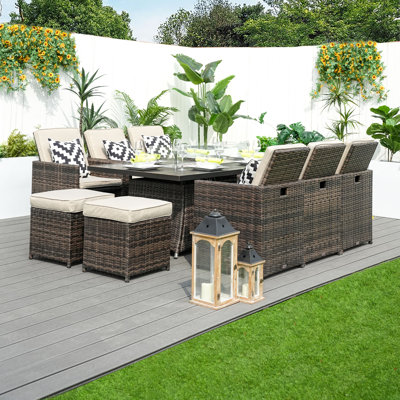 Rectangular 10 - Person Aluminum Fire Pit Table Dining Set with Cushions