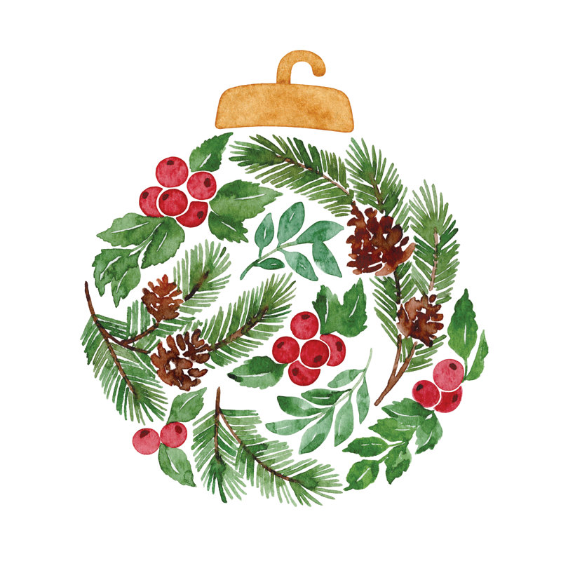 Pine And Holly Ornament - Wrapped Canvas Art Prints, 30cm H x 30cm W