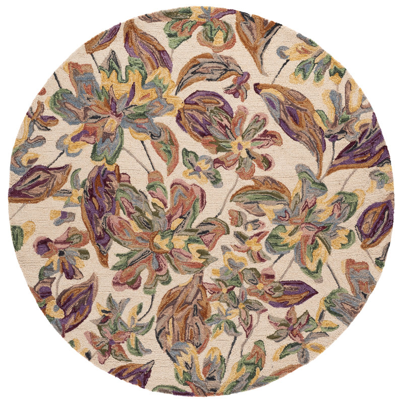 Alcindor Floral Hand Tufted Wool/Cotton Area Rug in Ivory/Plum, Round 6'