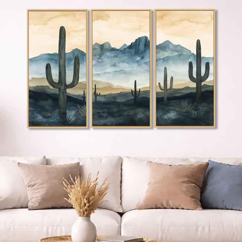 «Desert Horizon Silhouette III - Cactus», reproduction de toile encadrée 3 pièces, H 32 po x l 48 po, Cadre naturel flottant