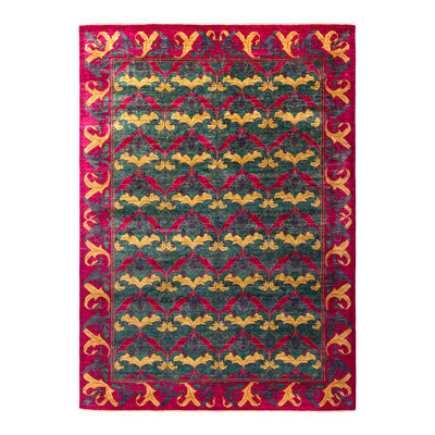 Tapis mauve / vert / jaune en laine noué à la main de conception unique 8 pi 10 po x 11 pi 7 po