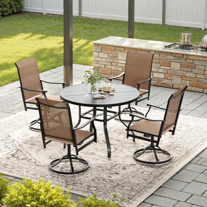 Ensemble repas d'extérieur 5 pièces avec chaises pivotantes 360 ° et table ronde 5 pièces, Brun / Noir, 4