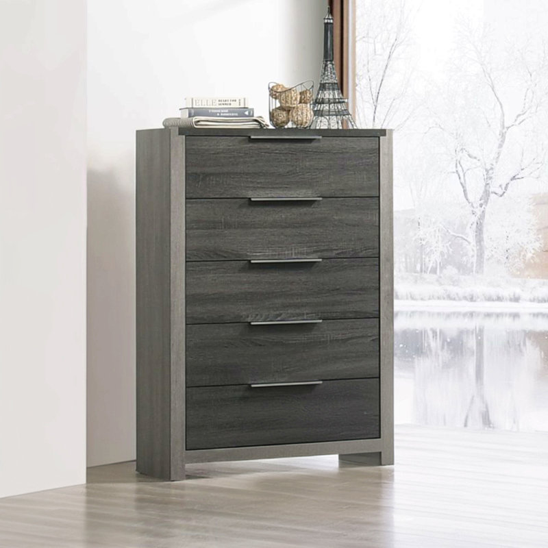 Commode de rangement moderne à finition grise 1pc avec meubles de chambre à coucher en bois 5X tiroirs, Gris