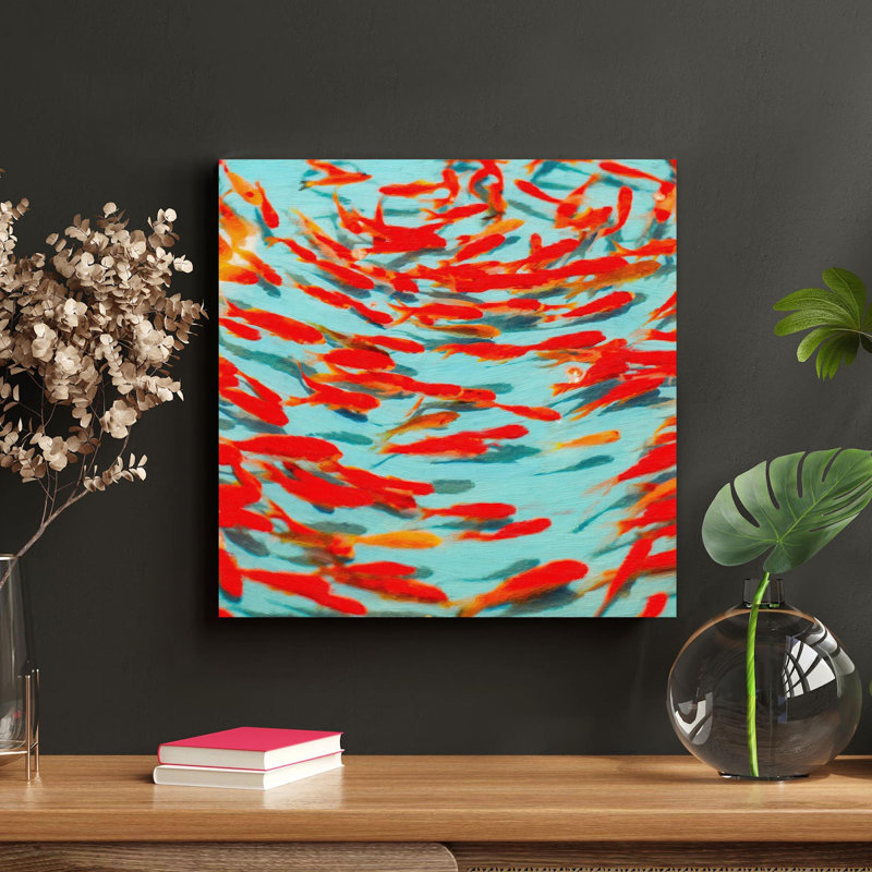 School of Orange Fish - peinture sur toile tendue, H 32 po x l 32 po
