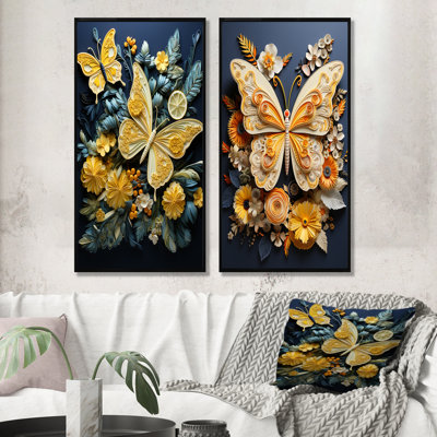 Lemon Yellow Butterfly Delight - Butterfly Canvas Wall Art Set Of 2