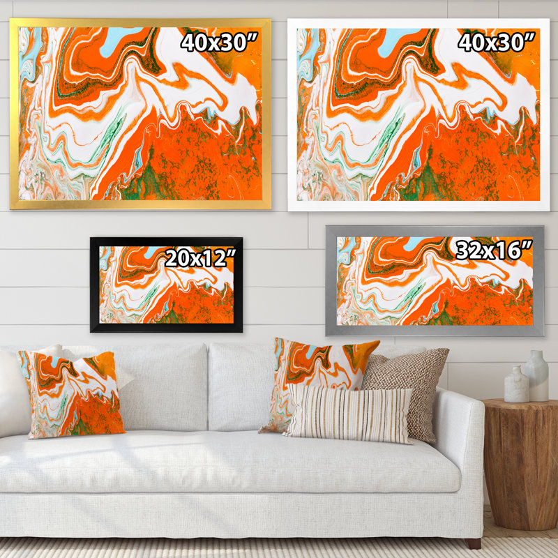 Liquide marbrant des vagues oranges sur blanc - Peinture sur toile, Toile avec cadre de coin noir fermé, H 12 po x l 20 po