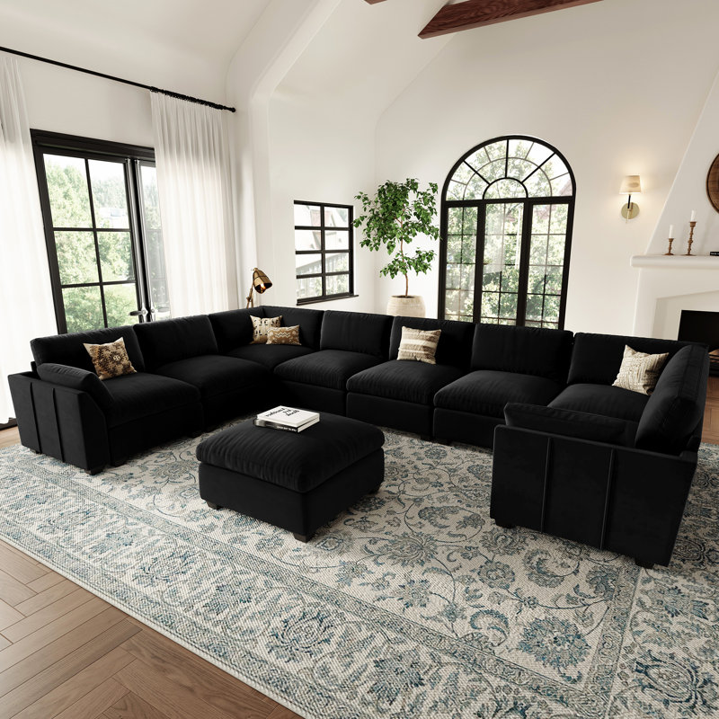 Knaack Oversized U Shaped 169.3'' Wide Sectional Sofa Velvet & Plush Wide Livingroom Couch, Black Velvet