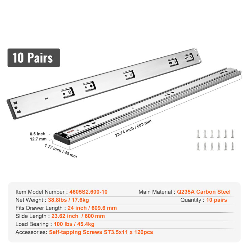 10 paires de glissières latérales de tiroir de 61 cm (24 pouces), capacité de charge de 45 kg (100 lb), rail en acier robuste à extension complète, glissières silencieuses à fermeture amortie pour armoires de cuisine avec roulement à billes