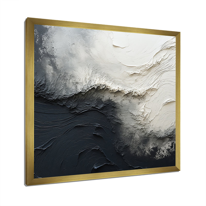 Minimalisme, peinture noire et blanche, vague I - art mural encadré bord de mer, Cadre doré simple