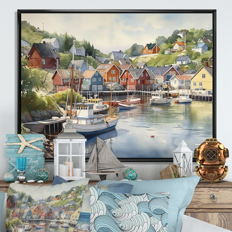Petite ville portuaire de la Norvège III - Impression sur toile encadrée, H 12 po x l 20 po x P 1 po