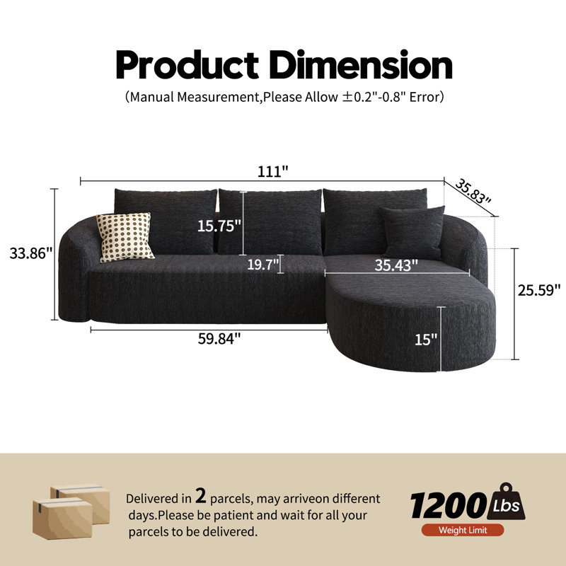 Canapé modulaire incurvé modulaire Boneless, Orienté à droite, H 33,86 po x l 111 po x P 72 po, Noir