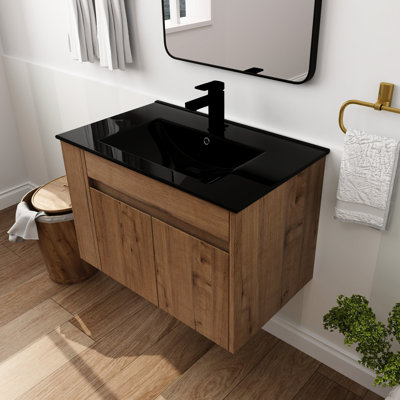 30" Bathroom Cabinet With Black Ceramic Sink And Adjustable Shelf - Stylish , To Humidity, Easy Maintain 30 Inch Vanity Basin Open Elegant Plywood Construction, Scratch-