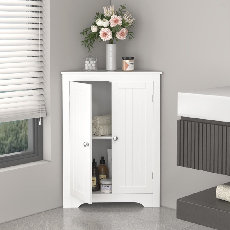 Floor Corner Cabinet With 2 Doors And Adjustable Shelves, Freestanding Narrow Cabinet Organizer, Corner Storage Cabinets For Bathroom, Kitchen, Living Room, Or Bedroom, White