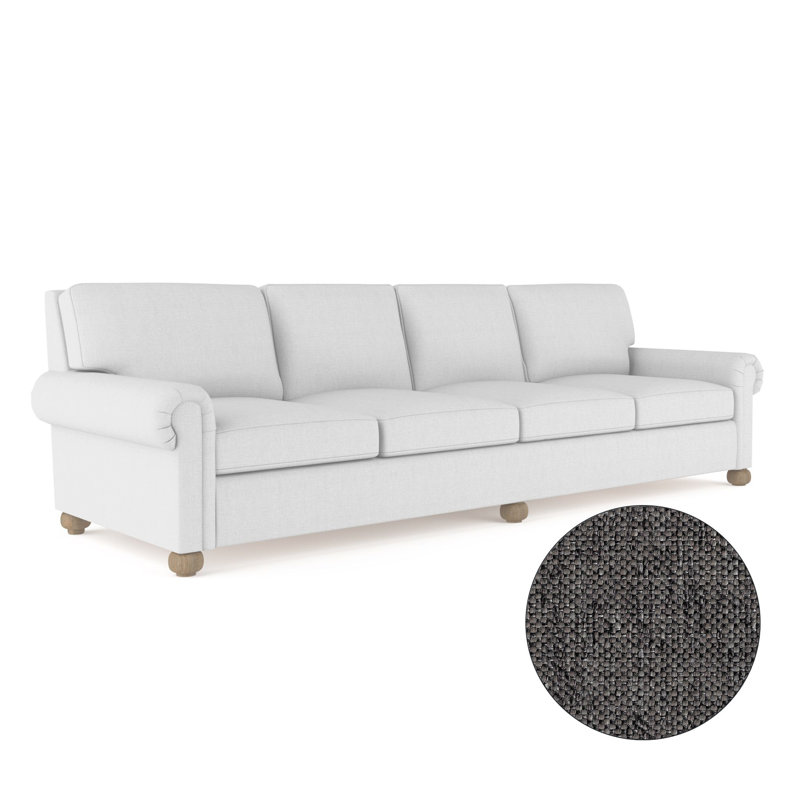 Canapé extra long à panneau roulé avec pieds en oignon Leroy, H 36 po x l 120 po x P 43 po, Lin tissé caillou graphite