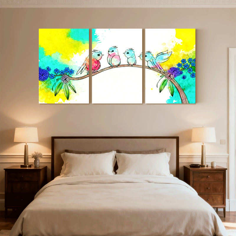 Oiseaux colorés sur une branche avec des fleurs, ensemble de 3 impressions sur toile, H 36 po x l 72 po
