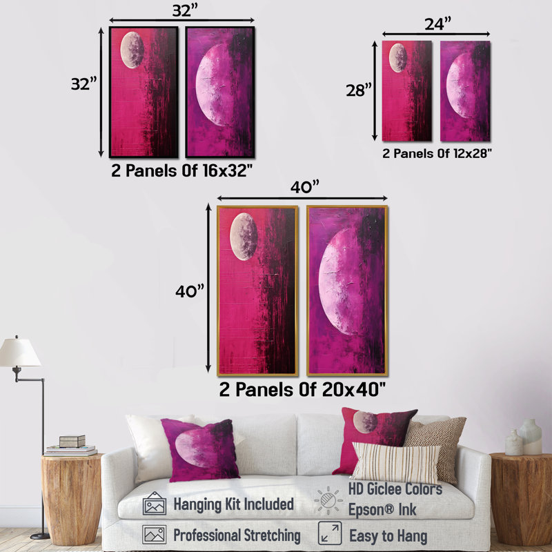 Lune mystérieuse, ensemble de 2 impressions sur toile, H 28 po x l 25 po, Encadrement doré