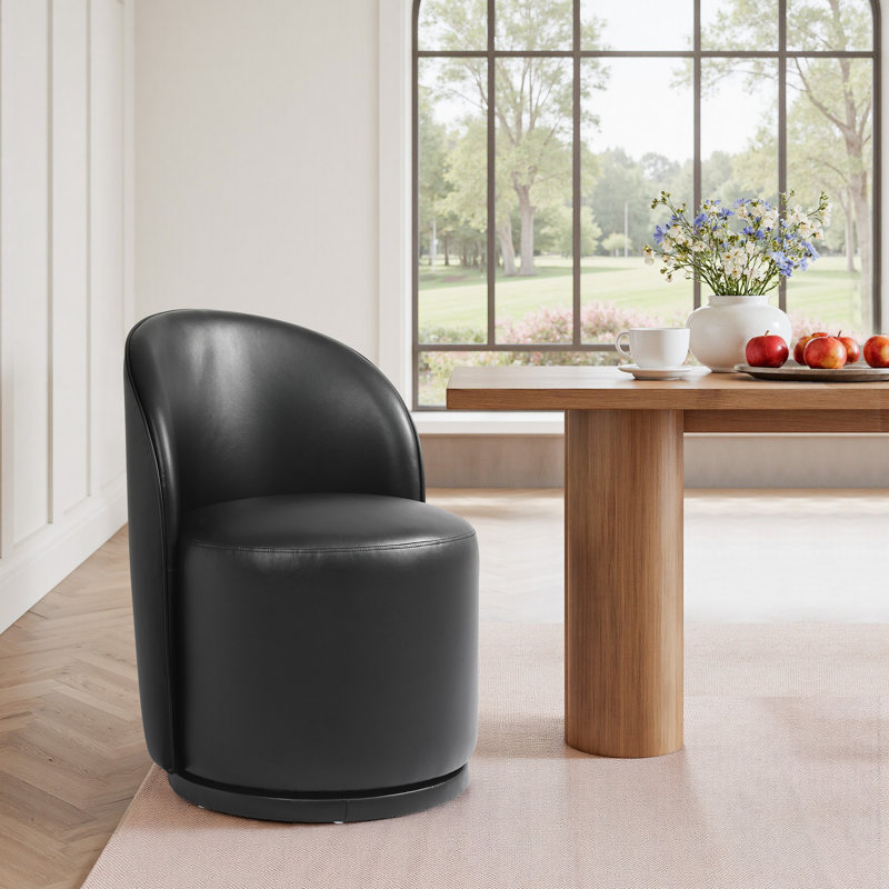 PU Leather Barrel Swivel Armless Dining Chair, Black